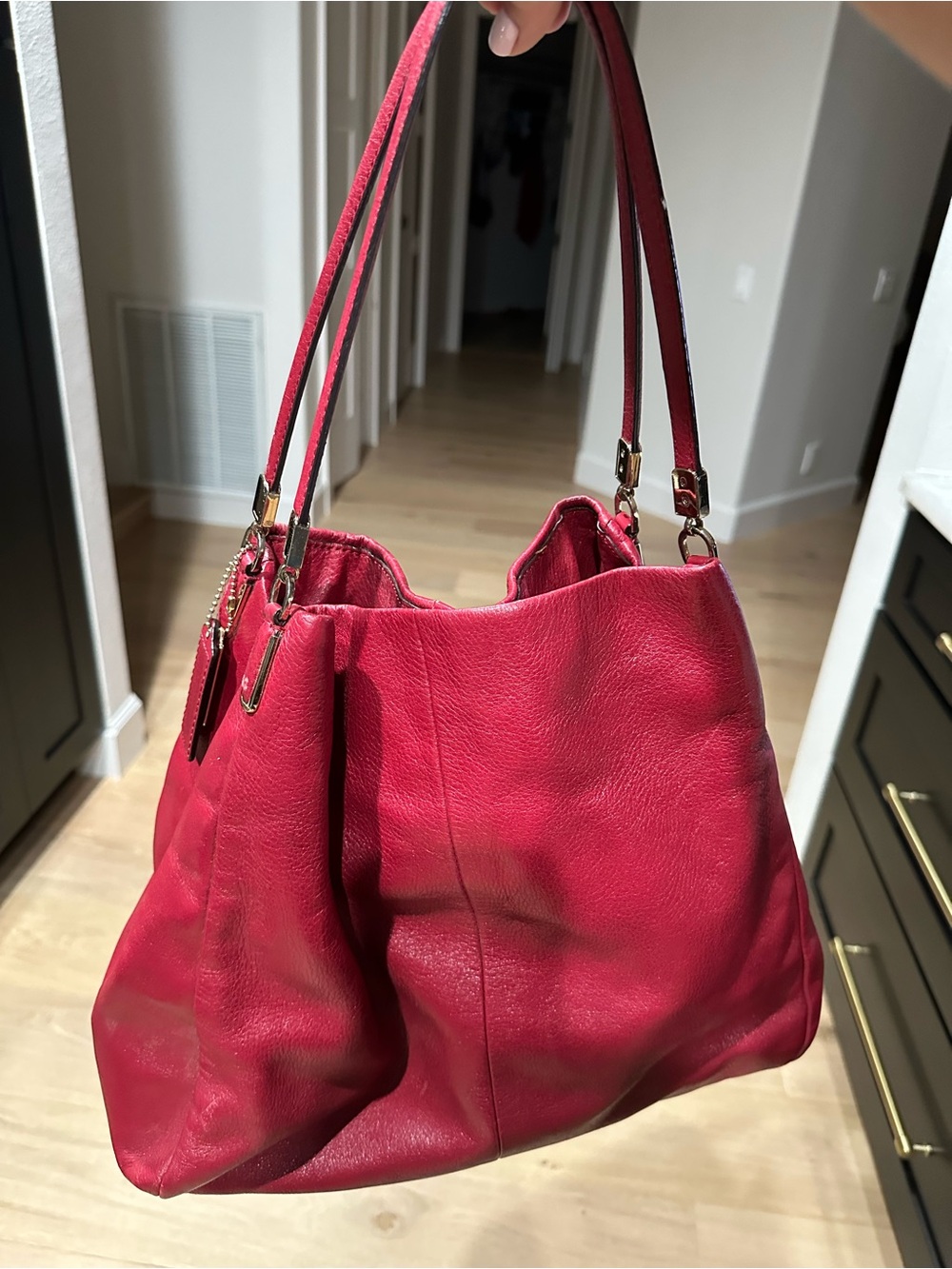 Coach Pink-Red Leather Double-Handle Shoulder Bag with Gold Hardware
